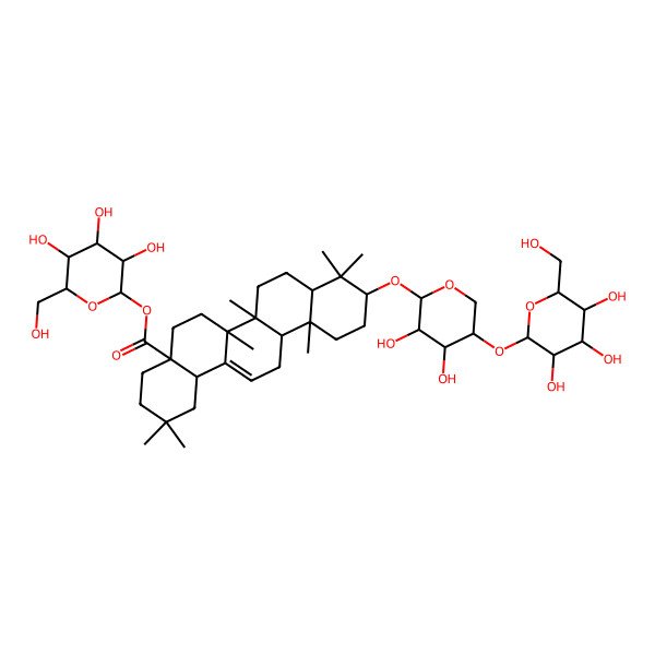 2D Structure of [(2R,3S,4R,5R,6S)-3,4,5-trihydroxy-6-(hydroxymethyl)oxan-2-yl] (4aS,6aR,6aS,6bR,8aR,10S,12aR,14bR)-10-[(2S,3R,4R,5S)-3,4-dihydroxy-5-[(2S,3R,4S,5S,6R)-3,4,5-trihydroxy-6-(hydroxymethyl)oxan-2-yl]oxyoxan-2-yl]oxy-2,2,6a,6b,9,9,12a-heptamethyl-1,3,4,5,6,6a,7,8,8a,10,11,12,13,14b-tetradecahydropicene-4a-carboxylate