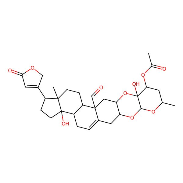 2D Structure of [(3R,5S,7R,9S,10S,12R,14S,15S,18R,19R,22S,23R)-14-formyl-10,22-dihydroxy-7,18-dimethyl-19-(5-oxo-2H-furan-3-yl)-4,6,11-trioxahexacyclo[12.11.0.03,12.05,10.015,23.018,22]pentacos-1(25)-en-9-yl] acetate