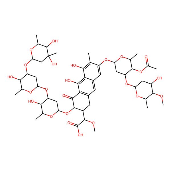 2D Structure of 2-[7-[5-acetyloxy-4-(4-hydroxy-5-methoxy-6-methyloxan-2-yl)oxy-6-methyloxan-2-yl]oxy-3-[4-[4-(4,5-dihydroxy-4,6-dimethyloxan-2-yl)oxy-5-hydroxy-6-methyloxan-2-yl]oxy-5-hydroxy-6-methyloxan-2-yl]oxy-5,10-dihydroxy-6-methyl-4-oxo-2,3-dihydro-1H-anthracen-2-yl]-2-methoxyacetic acid