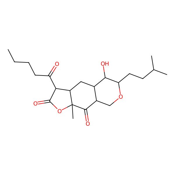 2D Structure of 5-Hydroxy-9a-methyl-6-(3-methylbutyl)-3-pentanoyl-3,3a,4,4a,5,6,8,8a-octahydrofuro[3,2-g]isochromene-2,9-dione