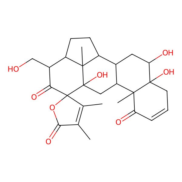 2D Structure of (2aR,3R,5R,5aR,6aS,6bR,10aR,11R,12aS,12bS,12cS)-5a,10a,11-trihydroxy-3-(hydroxymethyl)-3',4',6b,12c-tetramethylspiro[2,2a,3,6,6a,10,11,12,12a,12b-decahydro-1H-benzo[j]aceanthrylene-5,5'-furan]-2',4,7-trione