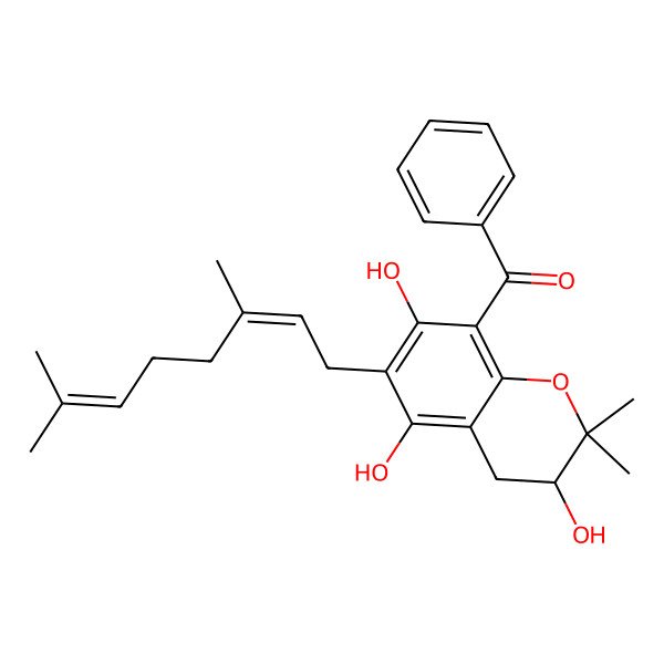 2D Structure of [6-(3,7-Dimethylocta-2,6-dienyl)-3,5,7-trihydroxy-2,2-dimethyl-3,4-dihydrochromen-8-yl]-phenylmethanone