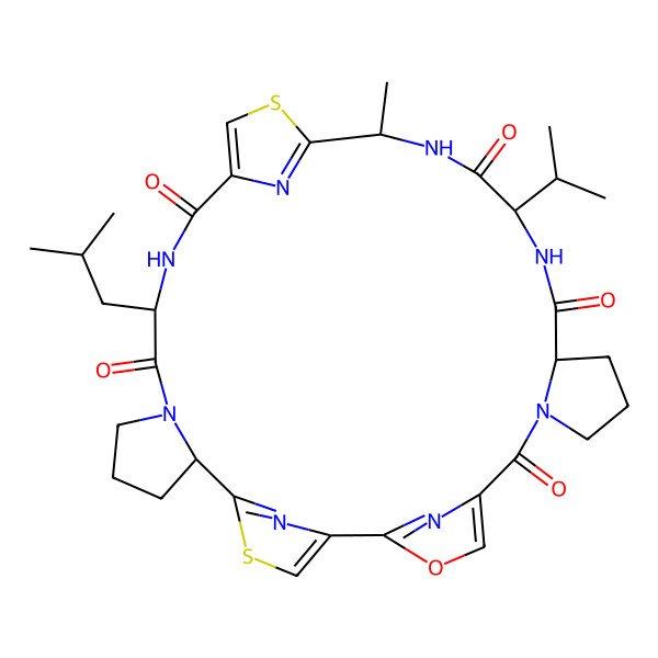 2D Structure of (6S,12S,19S,22S,25S)-19-methyl-12-(2-methylpropyl)-22-propan-2-yl-33-oxa-4,17-dithia-10,13,20,23,29,34,35,36-octazahexacyclo[29.2.1.12,5.115,18.06,10.025,29]hexatriaconta-1(34),2,5(36),15,18(35),31-hexaene-11,14,21,24,30-pentone