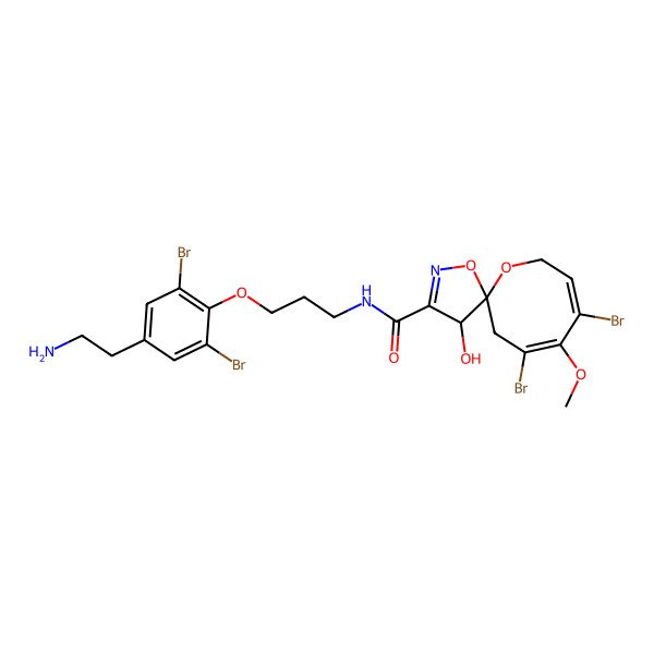 2D Structure of (1S,7Z,9E)-N-[3-[4-(2-aminoethyl)-2,6-dibromo-phenoxy]propyl]-7,9-dibromo-1-hydroxy-8-methoxy-4,12-dioxa-3-azaspiro[4.7]dodeca-2,7,9-triene-2-carboxamide