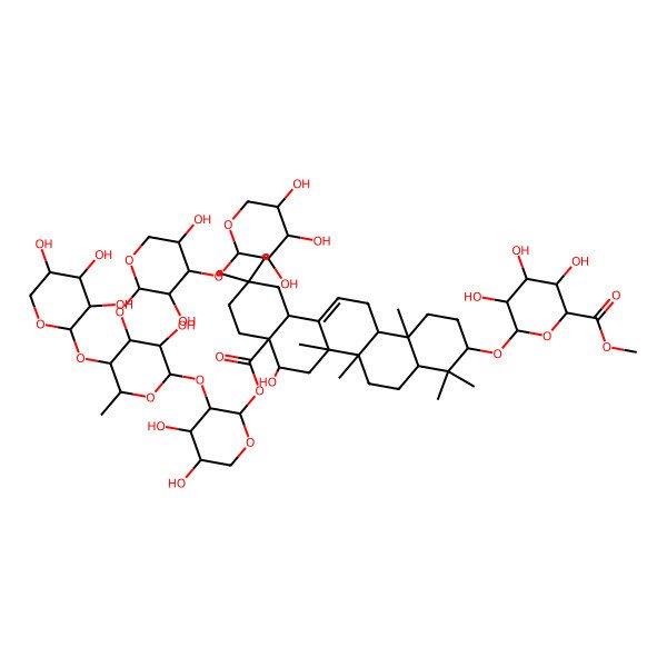 2D Structure of Methyl 6-[[8a-[3-[4-[3,5-dihydroxy-4-(3,4,5-trihydroxyoxan-2-yl)oxyoxan-2-yl]oxy-3-hydroxy-6-methyl-5-(3,4,5-trihydroxyoxan-2-yl)oxyoxan-2-yl]oxy-4,5-dihydroxyoxan-2-yl]oxycarbonyl-8-hydroxy-4,4,6a,6b,11,11,14b-heptamethyl-1,2,3,4a,5,6,7,8,9,10,12,12a,14,14a-tetradecahydropicen-3-yl]oxy]-3,4,5-trihydroxyoxane-2-carboxylate