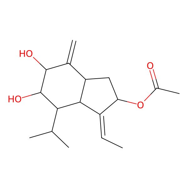 2D Structure of [(2R,3Z,3aR,4S,5S,6S,7aR)-3-ethylidene-5,6-dihydroxy-7-methylidene-4-propan-2-yl-2,3a,4,5,6,7a-hexahydro-1H-inden-2-yl] acetate