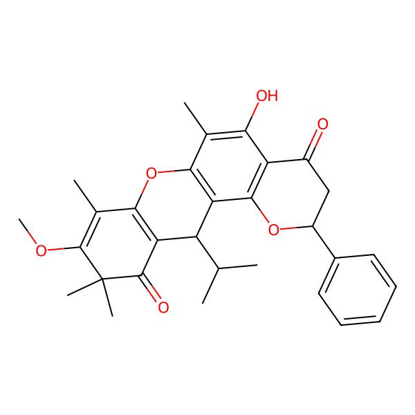 2D Structure of (2R,12S)-5-hydroxy-9-methoxy-6,8,10,10-tetramethyl-2-phenyl-12-propan-2-yl-3,12-dihydro-2H-pyrano[2,3-a]xanthene-4,11-dione