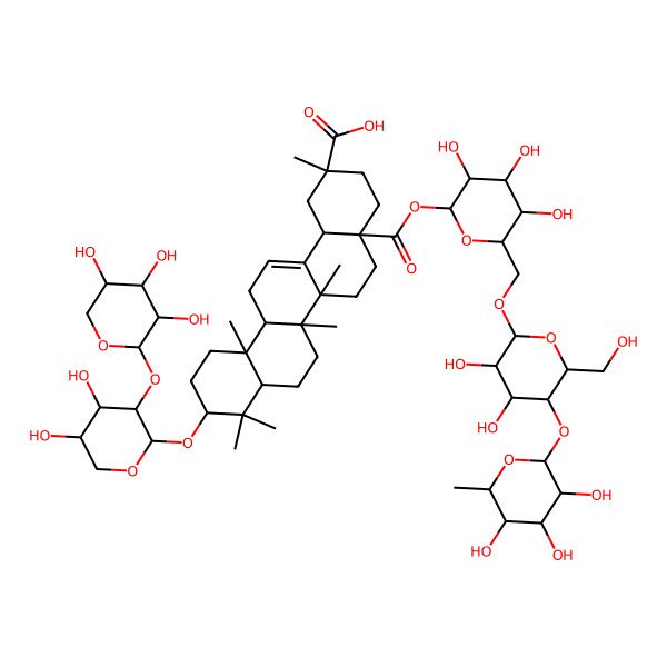 2D Structure of 4a-[6-[[3,4-Dihydroxy-6-(hydroxymethyl)-5-(3,4,5-trihydroxy-6-methyloxan-2-yl)oxyoxan-2-yl]oxymethyl]-3,4,5-trihydroxyoxan-2-yl]oxycarbonyl-10-[4,5-dihydroxy-3-(3,4,5-trihydroxyoxan-2-yl)oxyoxan-2-yl]oxy-2,6a,6b,9,9,12a-hexamethyl-1,3,4,5,6,6a,7,8,8a,10,11,12,13,14b-tetradecahydropicene-2-carboxylic acid