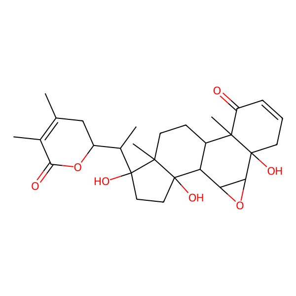 2D Structure of (1S,2S,4S,5R,10R,11S,14R,15S,18S)-15-[(1R)-1-[(2R)-4,5-dimethyl-6-oxo-2,3-dihydropyran-2-yl]ethyl]-5,15,18-trihydroxy-10,14-dimethyl-3-oxapentacyclo[9.7.0.02,4.05,10.014,18]octadec-7-en-9-one