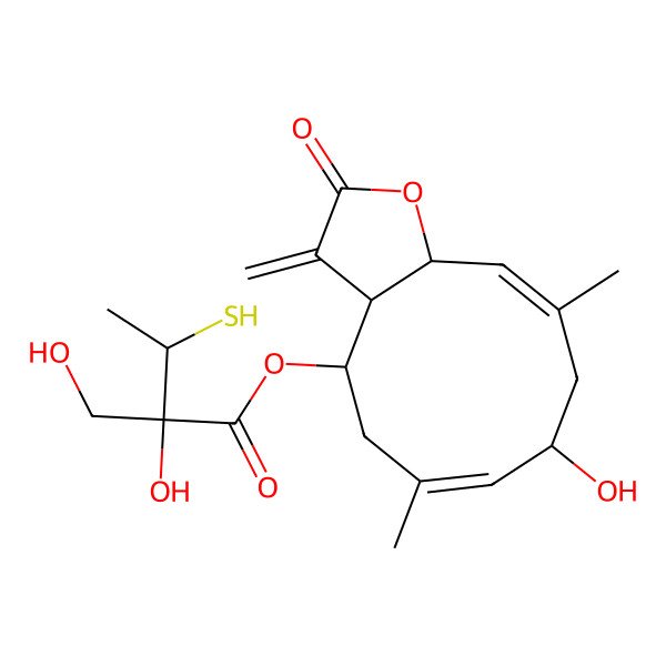 2D Structure of [(3aS,4R,6E,8R,10E,11aR)-8-hydroxy-6,10-dimethyl-3-methylidene-2-oxo-3a,4,5,8,9,11a-hexahydrocyclodeca[b]furan-4-yl] (2S,3S)-2-hydroxy-2-(hydroxymethyl)-3-sulfanylbutanoate