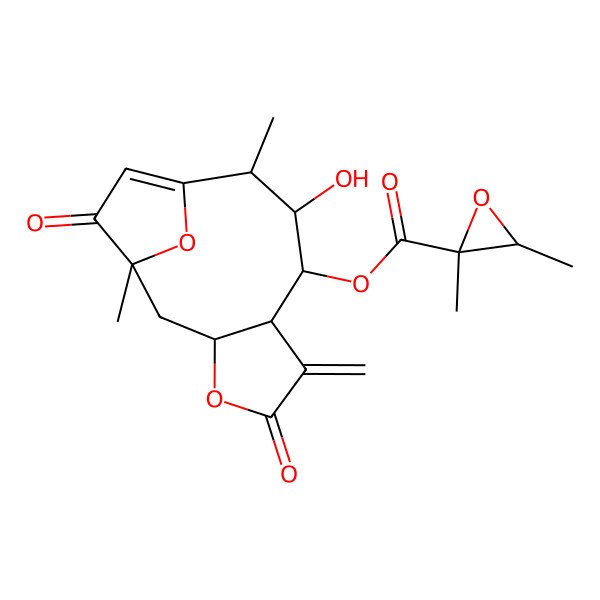 2D Structure of (9-Hydroxy-1,10-dimethyl-6-methylidene-5,13-dioxo-4,14-dioxatricyclo[9.2.1.03,7]tetradec-11-en-8-yl) 2,3-dimethyloxirane-2-carboxylate