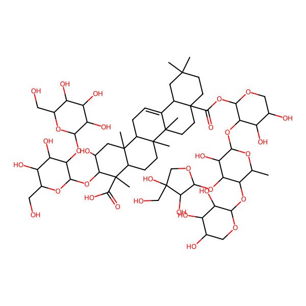 2D Structure of 8a-[3-[4-[3,4-Dihydroxy-4-(hydroxymethyl)oxolan-2-yl]oxy-3-hydroxy-6-methyl-5-(3,4,5-trihydroxyoxan-2-yl)oxyoxan-2-yl]oxy-4,5-dihydroxyoxan-2-yl]oxycarbonyl-3-[4,5-dihydroxy-6-(hydroxymethyl)-3-[3,4,5-trihydroxy-6-(hydroxymethyl)oxan-2-yl]oxyoxan-2-yl]oxy-2-hydroxy-4,6a,6b,11,11,14b-hexamethyl-1,2,3,4a,5,6,7,8,9,10,12,12a,14,14a-tetradecahydropicene-4-carboxylic acid