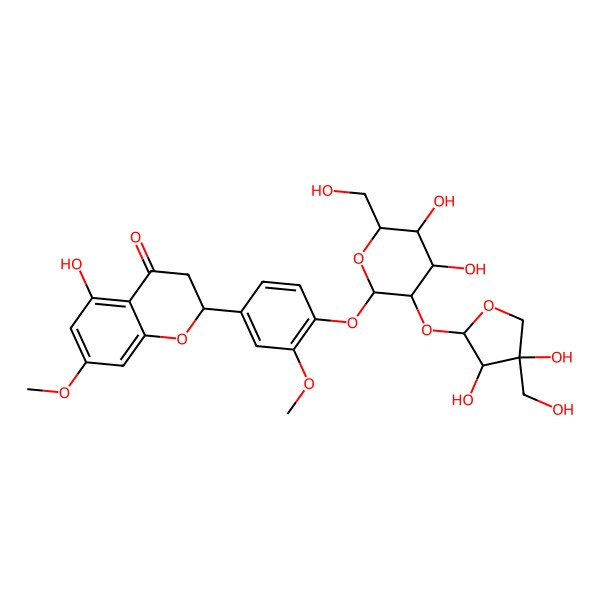 2D Structure of (2S)-2-[4-[(2S,3R,4S,5R,6R)-3-[(2S,3S,4S)-3,4-dihydroxy-4-(hydroxymethyl)oxolan-2-yl]oxy-4,5-dihydroxy-6-(hydroxymethyl)oxan-2-yl]oxy-3-methoxyphenyl]-5-hydroxy-7-methoxy-2,3-dihydrochromen-4-one