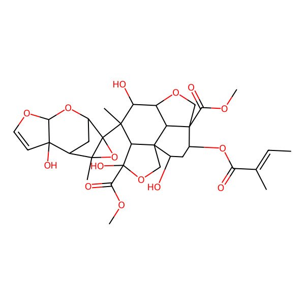 2D Structure of Dimethyl 4,7,14-trihydroxy-6-(2-hydroxy-11-methyl-5,7,10-trioxatetracyclo[6.3.1.02,6.09,11]dodec-3-en-9-yl)-6-methyl-12-(2-methylbut-2-enoyloxy)-3,9-dioxatetracyclo[6.6.1.01,5.011,15]pentadecane-4,11-dicarboxylate