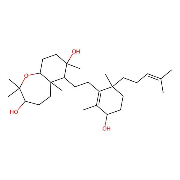 2D Structure of (3S,5aS,6S,7R,9aR)-6-[2-[(3R,6S)-3-hydroxy-2,6-dimethyl-6-(4-methylpent-3-enyl)cyclohexen-1-yl]ethyl]-2,2,5a,7-tetramethyl-4,5,6,8,9,9a-hexahydro-3H-benzo[b]oxepine-3,7-diol
