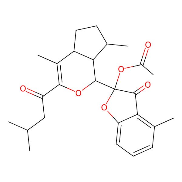 2D Structure of [(2R)-2-[(1R,4aS,7S,7aR)-4,7-dimethyl-3-(3-methylbutanoyl)-1,4a,5,6,7,7a-hexahydrocyclopenta[c]pyran-1-yl]-4-methyl-3-oxo-1-benzofuran-2-yl] acetate