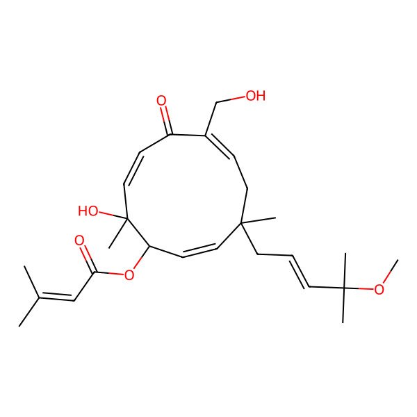 2D Structure of [(1R,4S,11R)-11-hydroxy-7-(hydroxymethyl)-4-(4-methoxy-4-methylpent-2-enyl)-4,11-dimethyl-8-oxocycloundeca-2,6,9-trien-1-yl] 3-methylbut-2-enoate