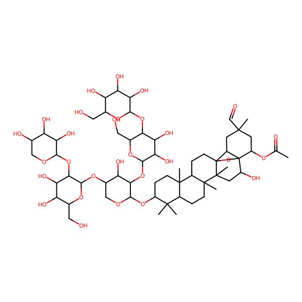 2D Structure of [(1R,2R,4S,5R,8R,10S,13R,14R,17S,18R,20R,22R)-10-[(2S,3R,4S,5S)-3-[(2S,3R,4R,5S,6R)-3,4-dihydroxy-6-(hydroxymethyl)-5-[(2S,3R,4S,5S,6R)-3,4,5-trihydroxy-6-(hydroxymethyl)oxan-2-yl]oxyoxan-2-yl]oxy-5-[(2S,3R,4S,5S,6R)-4,5-dihydroxy-6-(hydroxymethyl)-3-[(2S,3R,4S,5R)-3,4,5-trihydroxyoxan-2-yl]oxyoxan-2-yl]oxy-4-hydroxyoxan-2-yl]oxy-20-formyl-2-hydroxy-4,5,9,9,13,20-hexamethyl-24-oxahexacyclo[15.5.2.01,18.04,17.05,14.08,13]tetracosan-22-yl] acetate