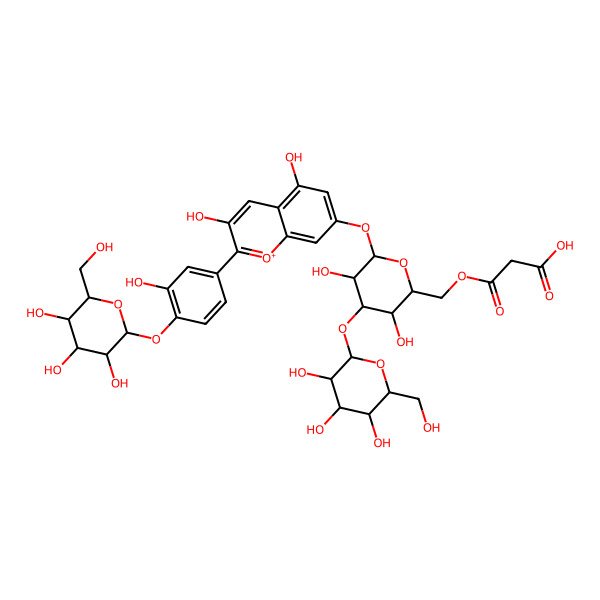 2D Structure of 3-[[(2S,3R,4S,6S)-6-[3,5-dihydroxy-2-[3-hydroxy-4-[(2S,3S,4S,5S,6R)-3,4,5-trihydroxy-6-(hydroxymethyl)oxan-2-yl]oxyphenyl]chromenylium-7-yl]oxy-3,5-dihydroxy-4-[(2S,3R,4S,5S,6R)-3,4,5-trihydroxy-6-(hydroxymethyl)oxan-2-yl]oxyoxan-2-yl]methoxy]-3-oxopropanoic acid
