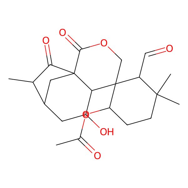 2D Structure of (3'-Formyl-7-hydroxy-4',4',10-trimethyl-2,11-dioxospiro[3-oxatricyclo[7.2.1.01,6]dodecane-5,2'-cyclohexane]-1'-yl) acetate
