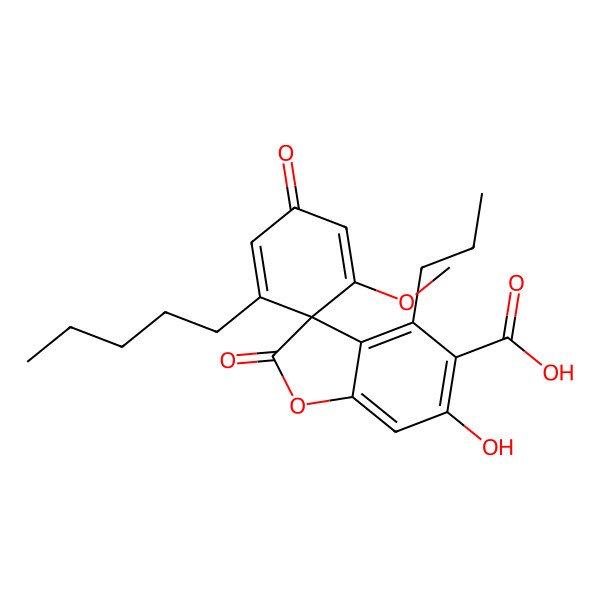 2D Structure of (3R)-6-hydroxy-1'-methoxy-2,3'-dioxo-5'-pentyl-4-propylspiro[1-benzofuran-3,6'-cyclohexa-1,4-diene]-5-carboxylic acid