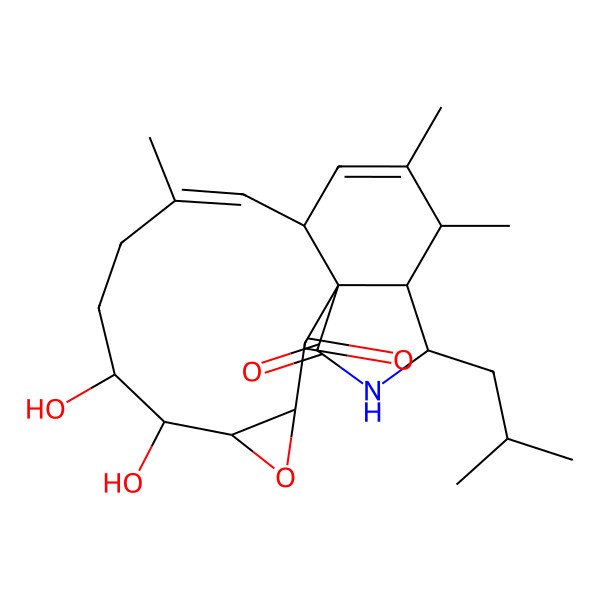 2D Structure of (1S,3R,5R,6R,7R,10Z,15S,16R)-6,7-dihydroxy-10,14,15-trimethyl-17-(2-methylpropyl)-4-oxa-18-azatetracyclo[10.7.0.01,16.03,5]nonadeca-10,13-diene-2,19-dione
