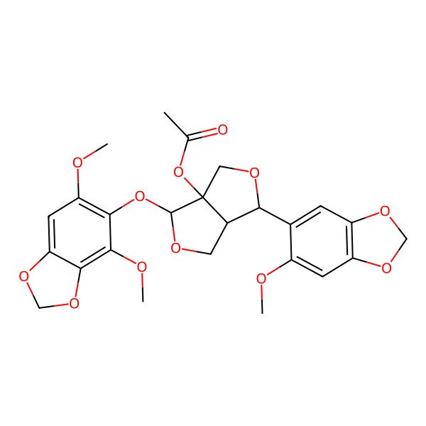 2D Structure of [(3S,3aR,6R,6aS)-3-[(4,6-dimethoxy-1,3-benzodioxol-5-yl)oxy]-6-(6-methoxy-1,3-benzodioxol-5-yl)-3,4,6,6a-tetrahydro-1H-furo[3,4-c]furan-3a-yl] acetate