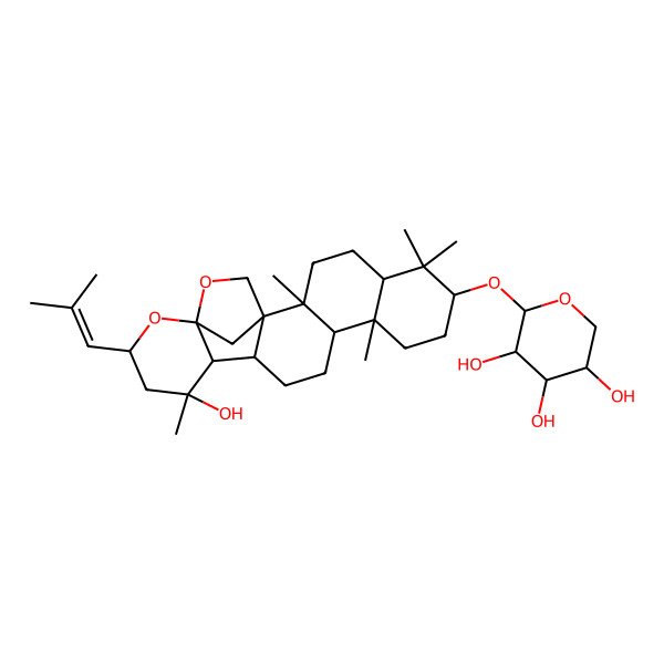 2D Structure of 2-[[16-Hydroxy-2,6,6,10,16-pentamethyl-18-(2-methylprop-1-enyl)-19,21-dioxahexacyclo[18.2.1.01,14.02,11.05,10.015,20]tricosan-7-yl]oxy]oxane-3,4,5-triol