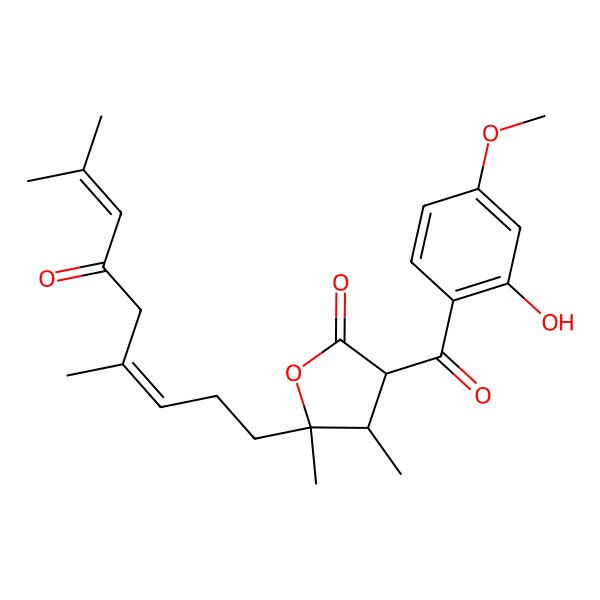 2D Structure of (3S,4R,5S)-5-[(3E)-4,8-dimethyl-6-oxonona-3,7-dienyl]-3-(2-hydroxy-4-methoxybenzoyl)-4,5-dimethyloxolan-2-one
