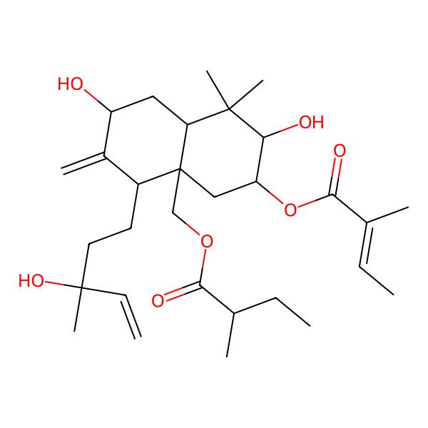 2D Structure of [(2R,4S,4aR,6R,7S,8aR)-2,7-dihydroxy-4-[(3R)-3-hydroxy-3-methylpent-4-enyl]-8,8-dimethyl-6-[(Z)-2-methylbut-2-enoyl]oxy-3-methylidene-2,4,5,6,7,8a-hexahydro-1H-naphthalen-4a-yl]methyl (2R)-2-methylbutanoate