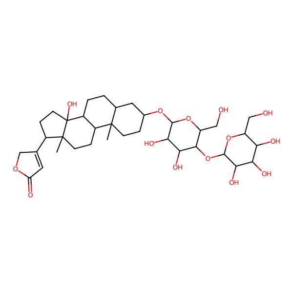 2D Structure of 3-[(3S,5S,8R,9S,10S,13R,14S,17S)-3-[(2R,3R,4R,5S,6R)-3,4-dihydroxy-6-(hydroxymethyl)-5-[(2S,3R,4S,5S,6R)-3,4,5-trihydroxy-6-(hydroxymethyl)oxan-2-yl]oxyoxan-2-yl]oxy-14-hydroxy-10,13-dimethyl-1,2,3,4,5,6,7,8,9,11,12,15,16,17-tetradecahydrocyclopenta[a]phenanthren-17-yl]-2H-furan-5-one