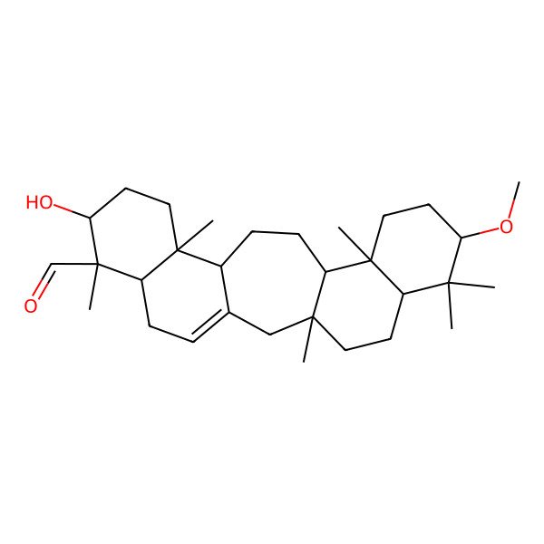 2D Structure of 8-Hydroxy-19-methoxy-1,7,11,16,20,20-hexamethylpentacyclo[13.8.0.03,12.06,11.016,21]tricos-3-ene-7-carbaldehyde