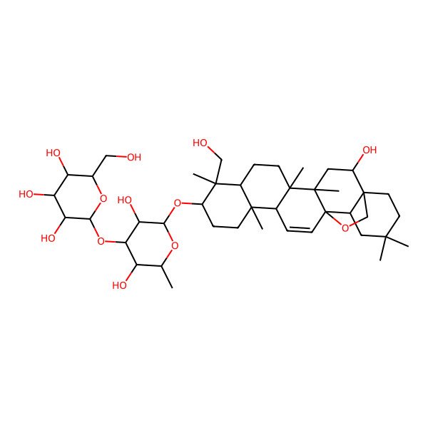 2D Structure of (2S)-2-[(2R)-3,5-dihydroxy-2-[[(1S,4S,5R,8R,9R,13S,14R,17S,18R)-2-hydroxy-9-(hydroxymethyl)-4,5,9,13,20,20-hexamethyl-24-oxahexacyclo[15.5.2.01,18.04,17.05,14.08,13]tetracos-15-en-10-yl]oxy]-6-methyloxan-4-yl]oxy-6-(hydroxymethyl)oxane-3,4,5-triol