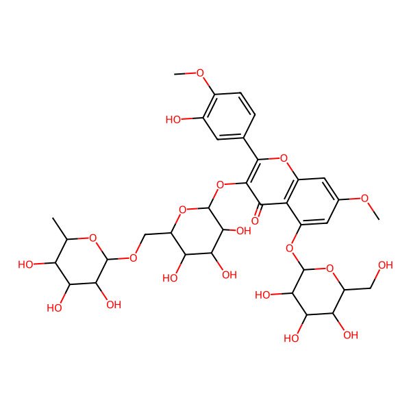2D Structure of 2-(3-Hydroxy-4-methoxyphenyl)-7-methoxy-5-[3,4,5-trihydroxy-6-(hydroxymethyl)oxan-2-yl]oxy-3-[3,4,5-trihydroxy-6-[(3,4,5-trihydroxy-6-methyloxan-2-yl)oxymethyl]oxan-2-yl]oxychromen-4-one