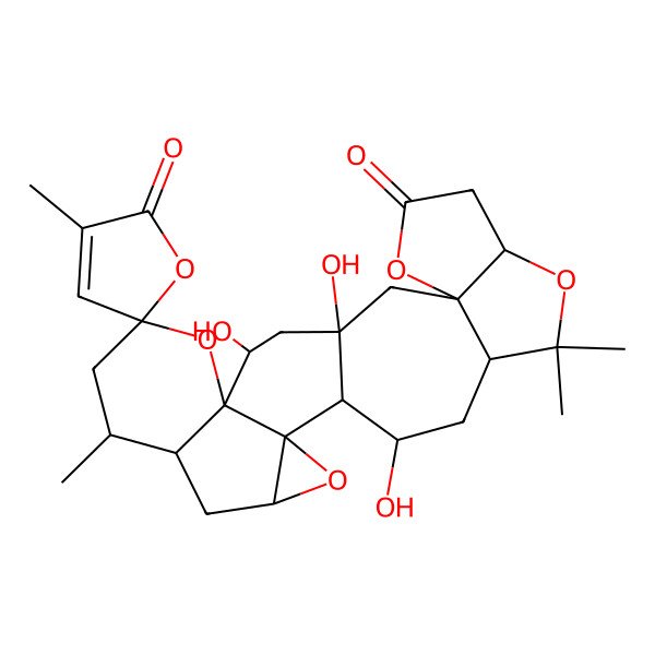 2D Structure of 12,14,25-Trihydroxy-3',7,22,22-tetramethylspiro[3,10,17,21-tetraoxaheptacyclo[12.11.0.02,4.02,11.06,11.016,20.016,23]pentacosane-9,5'-furan]-2',18-dione