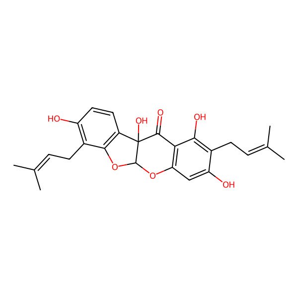 2D Structure of (5aR,10bR)-1,3,8,10b-tetrahydroxy-2,7-bis(3-methylbut-2-enyl)-5aH-[1]benzofuro[2,3-b]chromen-11-one