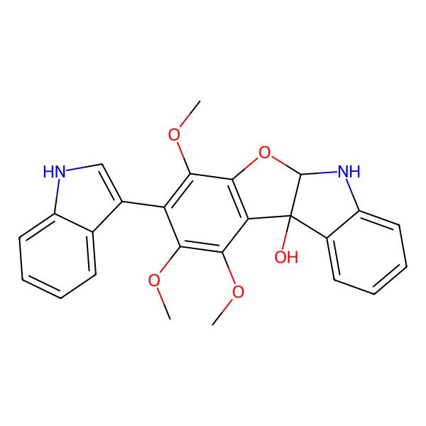 2D Structure of (5aR,10bR)-3-(1H-indol-3-yl)-1,2,4-trimethoxy-5a,6-dihydro-[1]benzofuro[2,3-b]indol-10b-ol