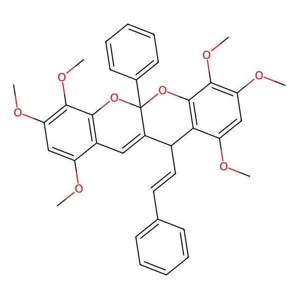 2D Structure of (5aR,12S)-1,3,4,7,8,10-hexamethoxy-5a-phenyl-12-(2-phenylethenyl)-12H-chromeno[2,3-b]chromene