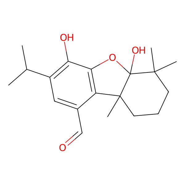 2D Structure of (5aR,9aR)-4,5a-dihydroxy-6,6,9a-trimethyl-3-propan-2-yl-8,9-dihydro-7H-dibenzofuran-1-carbaldehyde 2D Structure of (5aR,9aR)-4,5a-dihydroxy-6,6,9a-trimethyl-3-propan-2-yl-8,9-dihydro-7H-dibenzofuran-1-carbaldehyde