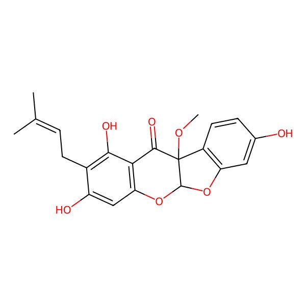 2D Structure of (5aS,10bR)-1,3,8-trihydroxy-10b-methoxy-2-(3-methylbut-2-enyl)-5aH-[1]benzofuro[2,3-b]chromen-11-one