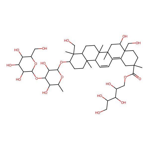 2D Structure of [(2S,3R,4R)-2,3,4,5-tetrahydroxypentyl] (2R,4aS,5R,6aR,6aS,6bR,8aR,9R,10S,12aS)-10-[(2R,3R,4S,5S,6R)-3,5-dihydroxy-6-methyl-4-[(2S,3R,4S,5S,6R)-3,4,5-trihydroxy-6-(hydroxymethyl)oxan-2-yl]oxyoxan-2-yl]oxy-5-hydroxy-4a,9-bis(hydroxymethyl)-2,6a,6b,9,12a-pentamethyl-1,3,4,5,6,6a,7,8,8a,10,11,12-dodecahydropicene-2-carboxylate