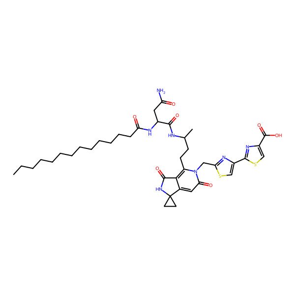 2D Structure of 2'-((4'-((S)-3-((R)-4-amino-4-oxo-2-tetradecanamidobutanamido)butyl)-3',6'-dioxo-2',3'-dihydrospiro[cyclopropane-1,1'-pyrrolo[3,4-c]pyridin]-5'(6'H)-yl)methyl)-[2,4'-bithiazole]-4-carboxylic acid