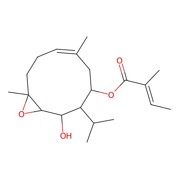 2D Structure of [(1S,2R,3S,4S,6E,10S)-2-hydroxy-6,10-dimethyl-3-propan-2-yl-11-oxabicyclo[8.1.0]undec-6-en-4-yl] (E)-2-methylbut-2-enoate