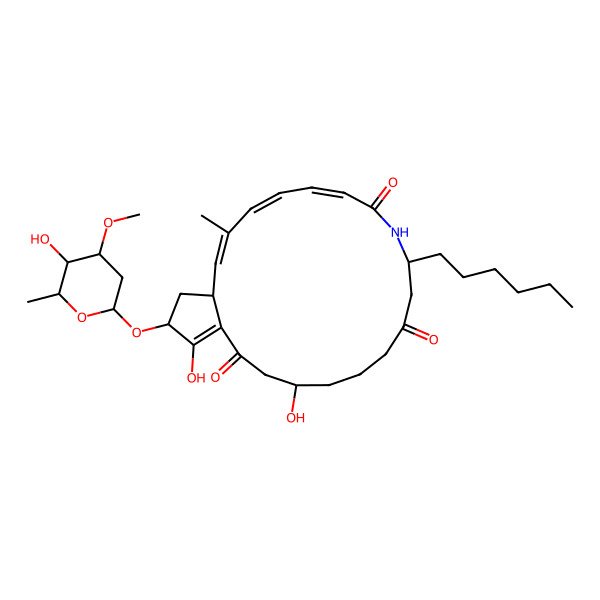 2D Structure of (2E,4Z,6Z)-10-hexyl-16,20-dihydroxy-21-[(2S,4S,5R,6R)-5-hydroxy-4-methoxy-6-methyloxan-2-yl]oxy-3-methyl-9-azabicyclo[17.3.0]docosa-2,4,6,19-tetraene-8,12,18-trione