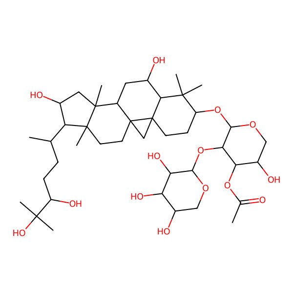 2D Structure of [2-[[15-(5,6-Dihydroxy-6-methylheptan-2-yl)-9,14-dihydroxy-7,7,12,16-tetramethyl-6-pentacyclo[9.7.0.01,3.03,8.012,16]octadecanyl]oxy]-5-hydroxy-3-(3,4,5-trihydroxyoxan-2-yl)oxyoxan-4-yl] acetate