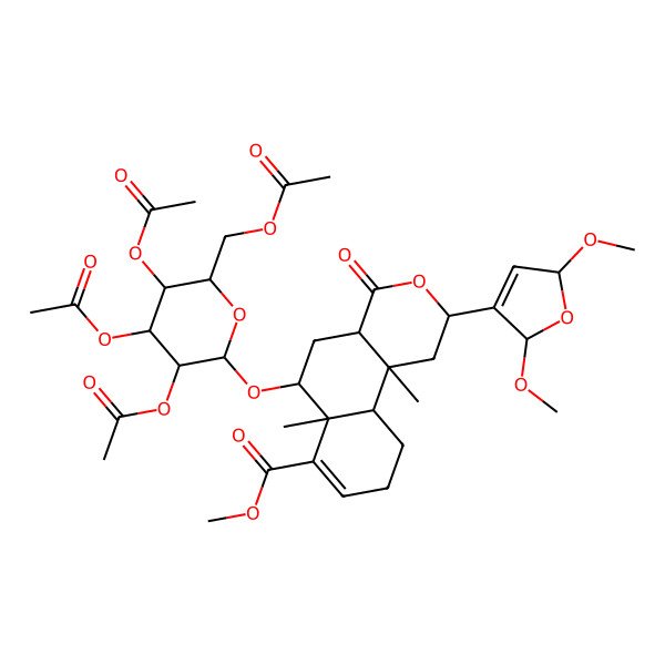 2D Structure of Methyl 2-(2,5-dimethoxy-2,5-dihydrofuran-3-yl)-6a,10b-dimethyl-4-oxo-6-[3,4,5-triacetyloxy-6-(acetyloxymethyl)oxan-2-yl]oxy-1,2,4a,5,6,9,10,10a-octahydrobenzo[f]isochromene-7-carboxylate