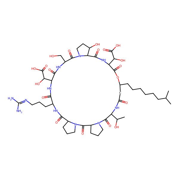 2D Structure of (2R)-2-[(1R,7S,10S,13R,16S,21S,22S,25S,28R,32R)-25-[(S)-carboxy(hydroxy)methyl]-10-[3-(diaminomethylideneamino)propyl]-21-hydroxy-32-[(1R)-1-hydroxyethyl]-16-(hydroxymethyl)-28-(7-methyloctyl)-2,8,11,14,17,23,26,30,33-nonaoxo-27-oxa-3,9,12,15,18,24,31,34-octazatetracyclo[32.3.0.03,7.018,22]heptatriacontan-13-yl]-2-hydroxyacetic acid