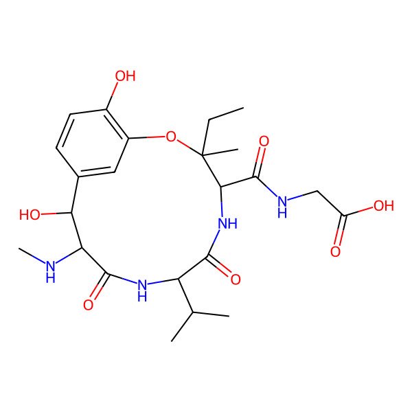 2D Structure of 2-({[3-Ethyl-6,9,11,15-tetrahydroxy-3-methyl-10-(methylamino)-7-(propan-2-yl)-2-oxa-5,8-diazabicyclo[10.3.1]hexadeca-1(15),5,8,12(16),13-pentaen-4-yl](hydroxy)methylidene}amino)acetic acid