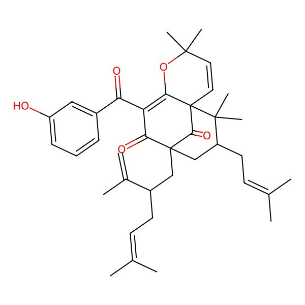 2D Structure of 7-(3-Hydroxybenzoyl)-4,4,12,12-tetramethyl-11-(3-methylbut-2-enyl)-9-(5-methyl-2-prop-1-en-2-ylhex-4-enyl)-5-oxatricyclo[7.3.1.01,6]trideca-2,6-diene-8,13-dione