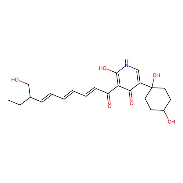 2D Structure of 5-(1,4-dihydroxycyclohexyl)-2-hydroxy-3-[(2E,4E,6E)-8-(hydroxymethyl)deca-2,4,6-trienoyl]-1H-pyridin-4-one